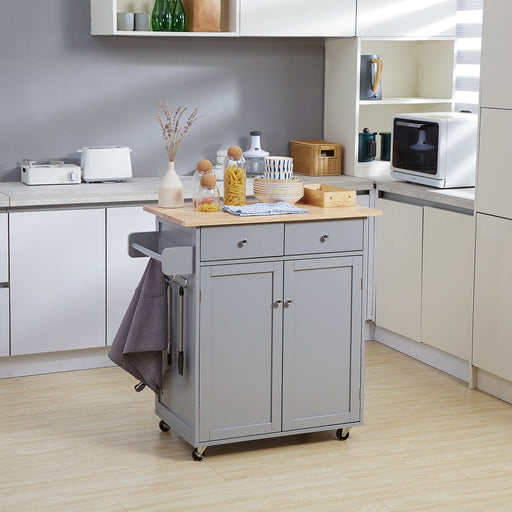 Wood Top Rolling Kitchen Island Cart with Drawers Shelves and Towel Rack Grey