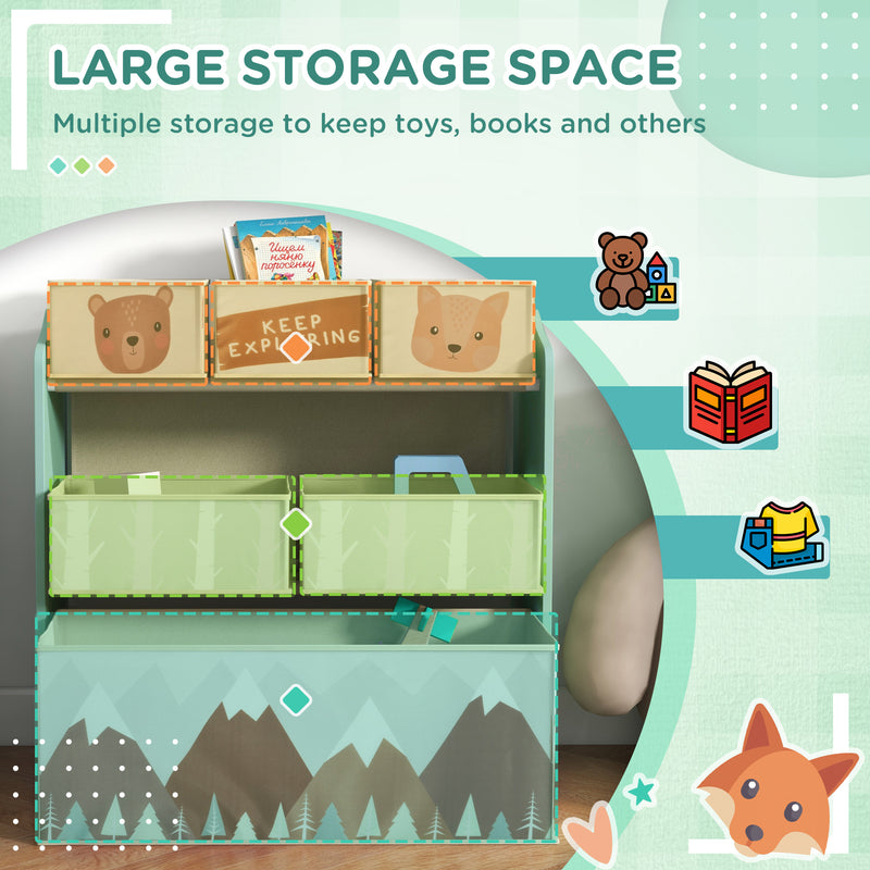 Toddler Bed Frame with Storage Shelf and 6 Fabric Bins for Kids Aged 3 to 6 Years Green AOSOM