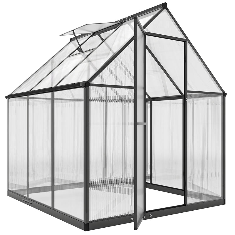 Walk-In Polycarbonate Greenhouse 6x6.5ft | Aluminium Frame, Roof Vent & Rain Gutter – Black Outsunny
