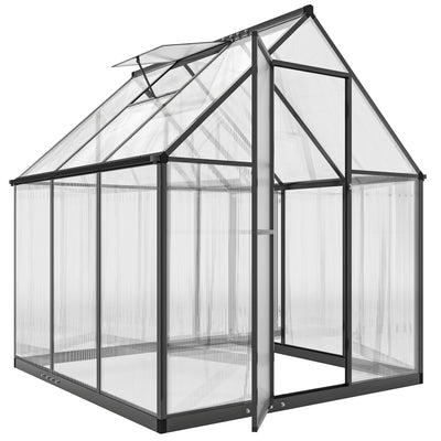 Walk-In Polycarbonate Greenhouse 6x6.5ft | Aluminium Frame, Roof Vent & Rain Gutter – Black Outsunny