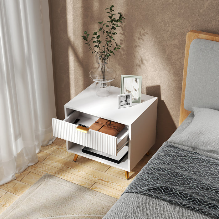 White Bedside Table with Gold Legs, Drawer and Shelf Elegant Design by HOMCOM