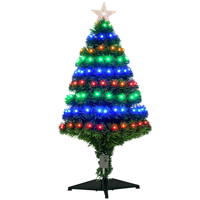 Front view of the 3ft green tree with blue, green and red lights and a star on a plastic stand