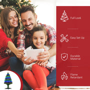 Family taking a photo with icons for full look, easy set up, durable material and flame retardant