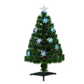 Front view of the 3ft green fibre optic tree with LED snowflakes and star on a green stand