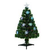 Front view of the 3ft green fibre optic tree with LED snowflakes and star on a green stand
