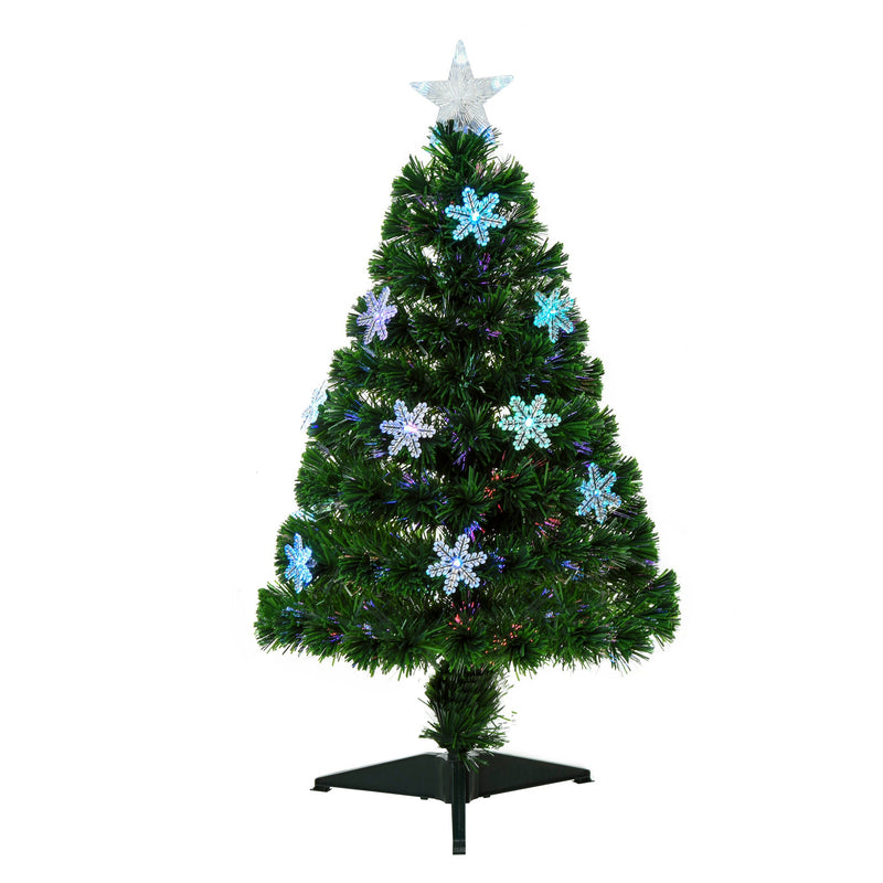 Front view of the 3ft green fibre optic tree with LED snowflakes and star on a green stand