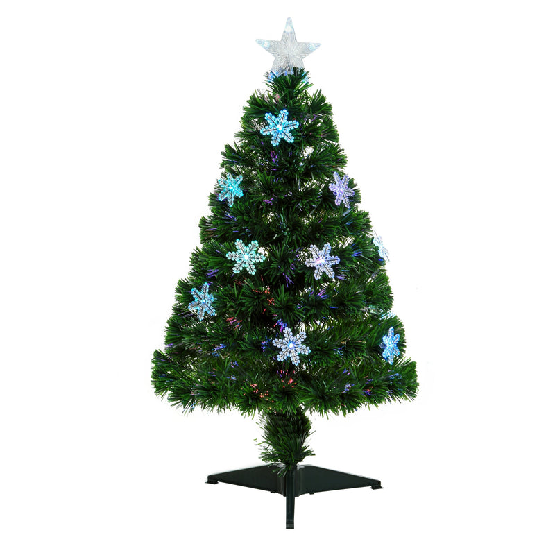 Studio view of the 3ft green tree with LED snowflakes on a green stand