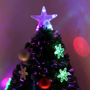 Close-up of the star tree topper, colourful snowflake lights and baubles