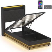 HOMCOM 3ft single ottoman bed frame with the base raised on gas struts and LED strip lit