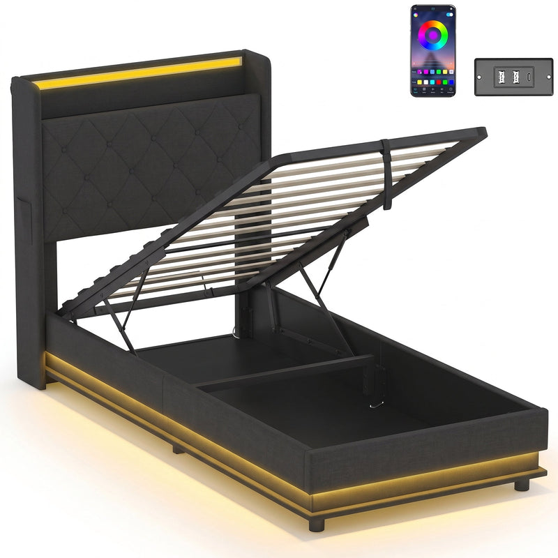 HOMCOM 3ft single ottoman bed frame with the base raised on gas struts and LED strip lit