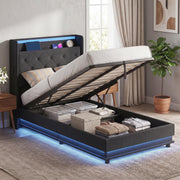 Single ottoman bed with the base lifted showing folded clothes and storage boxes underneath