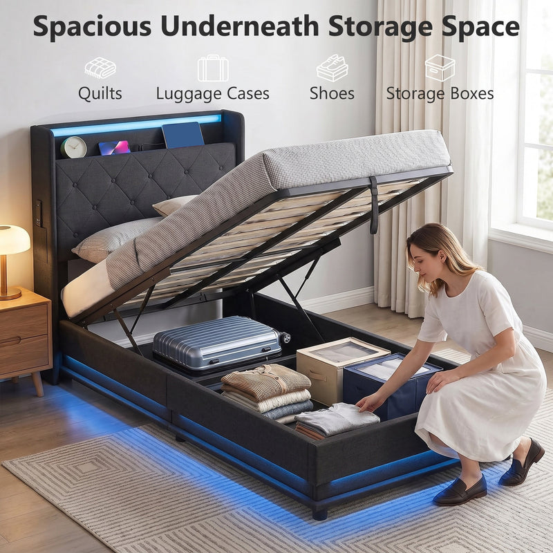Woman packing a suitcase and clothes into the under-bed storage space