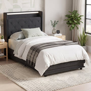 Single ottoman bed frame made up with bedding and a knitted throw in a bedroom