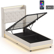 HOMCOM 3ft single ottoman bed frame, base raised showing the hydraulic lift and headboard shelf