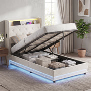 Ottoman storage bed with lid open showing folded clothes and storage boxes underneath