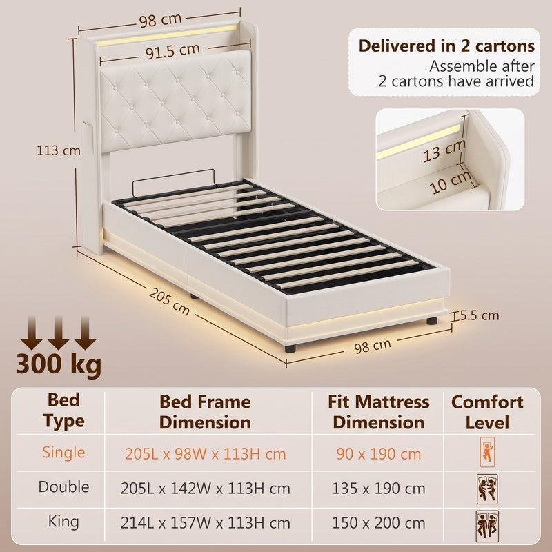 Dimensions diagram of the single ottoman bed frame, 205 x 98 x 113 cm, 300 kg capacity, with a size comparison table