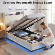 Underneath storage space holding a suitcase, shoes and folded clothing