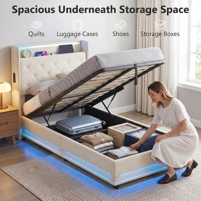Underneath storage space holding a suitcase, shoes and folded clothing