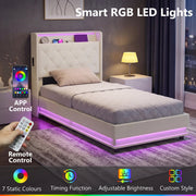 Bed frame with smart RGB LED lighting, controlled by app or remote