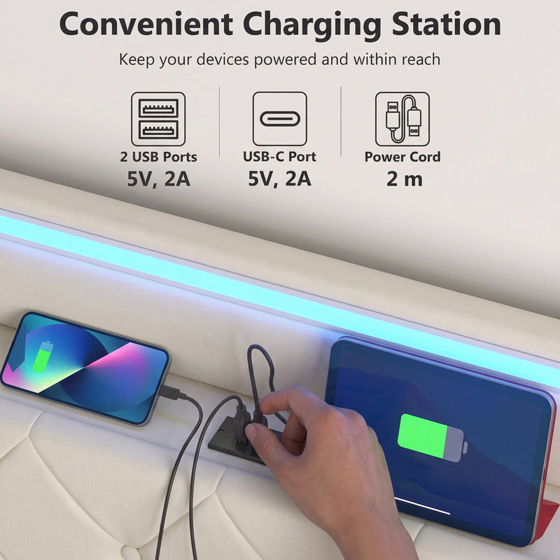 Close-up of the headboard charging station with 2 USB-A ports, 1 USB-C port and a 2 m power cable