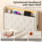Upholstered headboard with open shelf, supportive foam, polyester cover and BS 5852 fire-retardant label