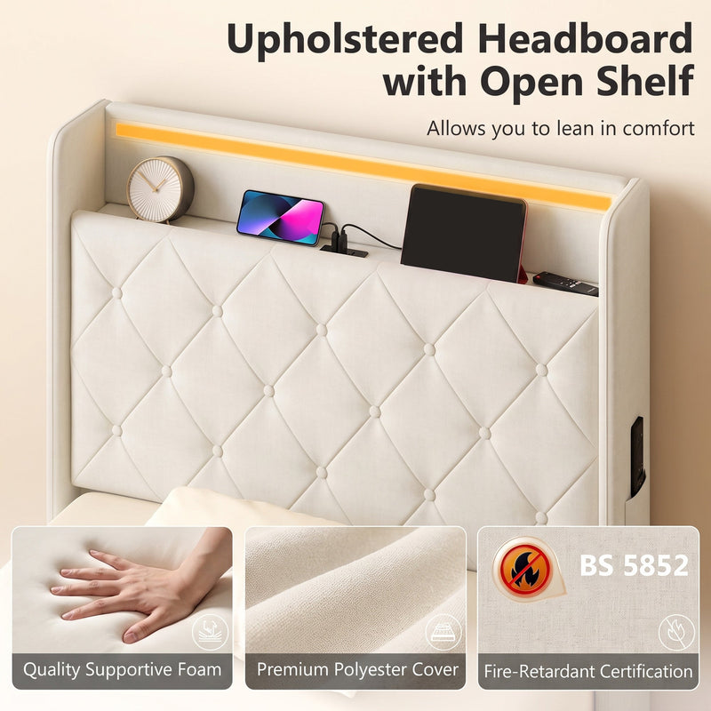 Upholstered headboard with open shelf, supportive foam, polyester cover and BS 5852 fire-retardant label