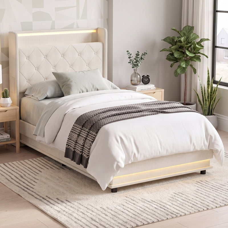 Single ottoman bed frame styled in a bedroom with soft bedding and cushions