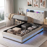 Ottoman bed frame with lid raised revealing storage baskets in a styled bedroom