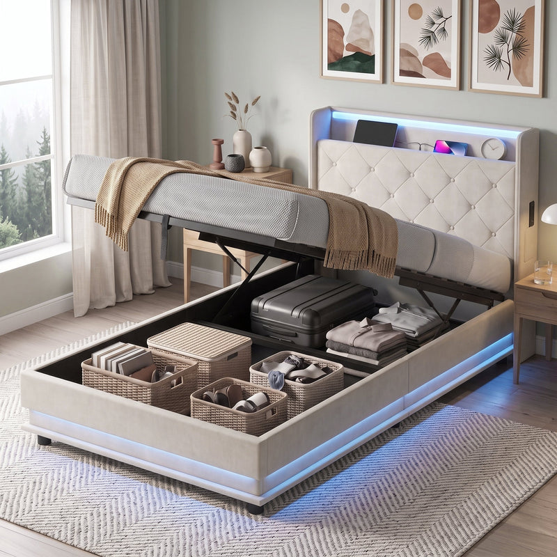 Ottoman bed frame with lid raised revealing storage baskets in a styled bedroom