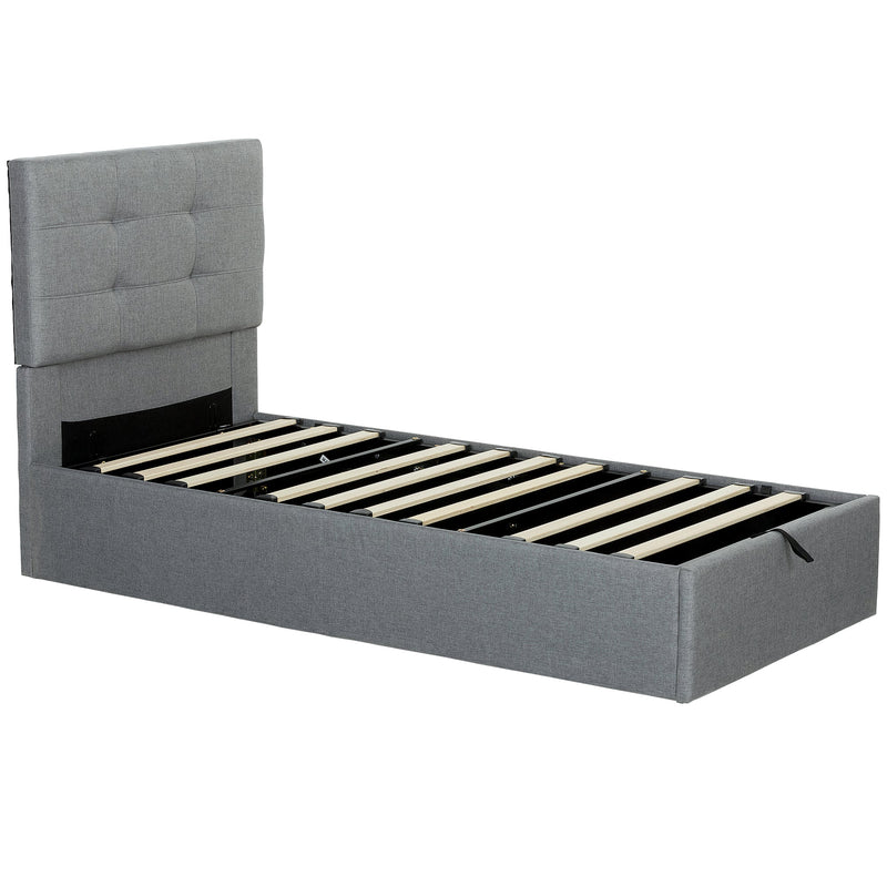 HOMCOM 3ft single ottoman bed frame in grey with the base lifted open, showing the slat frame