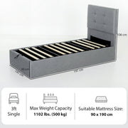 Dimension diagram of the ottoman bed frame with length, width, height and mattress size labels