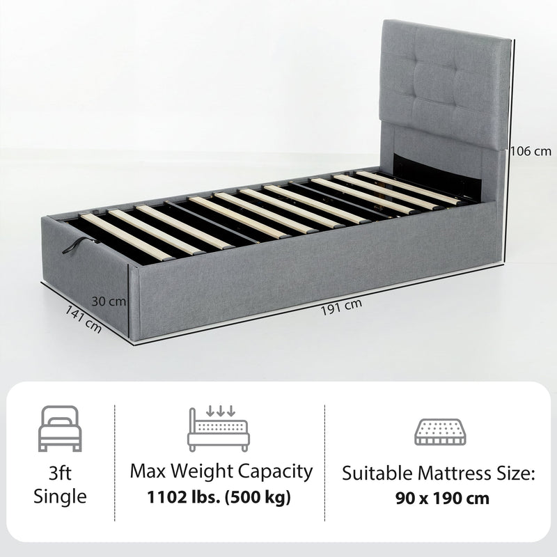 Dimension diagram of the ottoman bed frame with length, width, height and mattress size labels