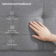 Close-up of the grey linen-look tufted headboard fabric