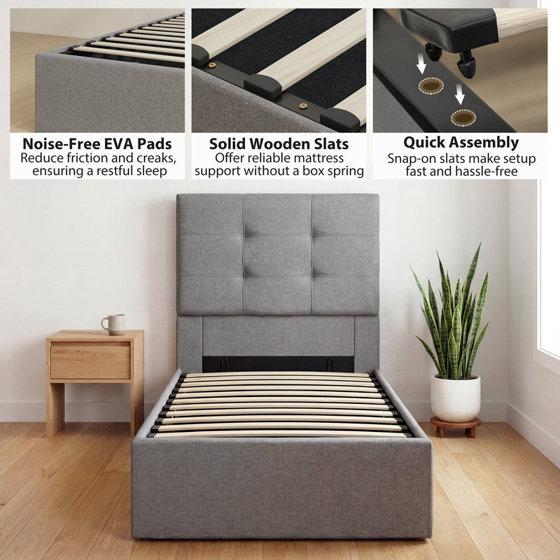 Callouts showing the noise-free EVA pads, solid wooden slats and quick-assembly slat fittings