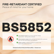 Fire-retardant certification graphic showing the BS5852 standard for the bed's fabric and foam