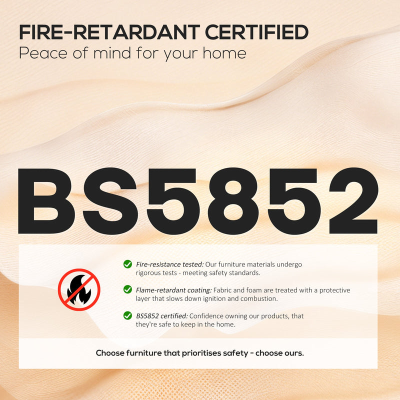Fire-retardant certification graphic showing the BS5852 standard for the bed's fabric and foam