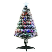 Front view of the 3ft snow-dipped green and white tree with colourful lights on a green stand