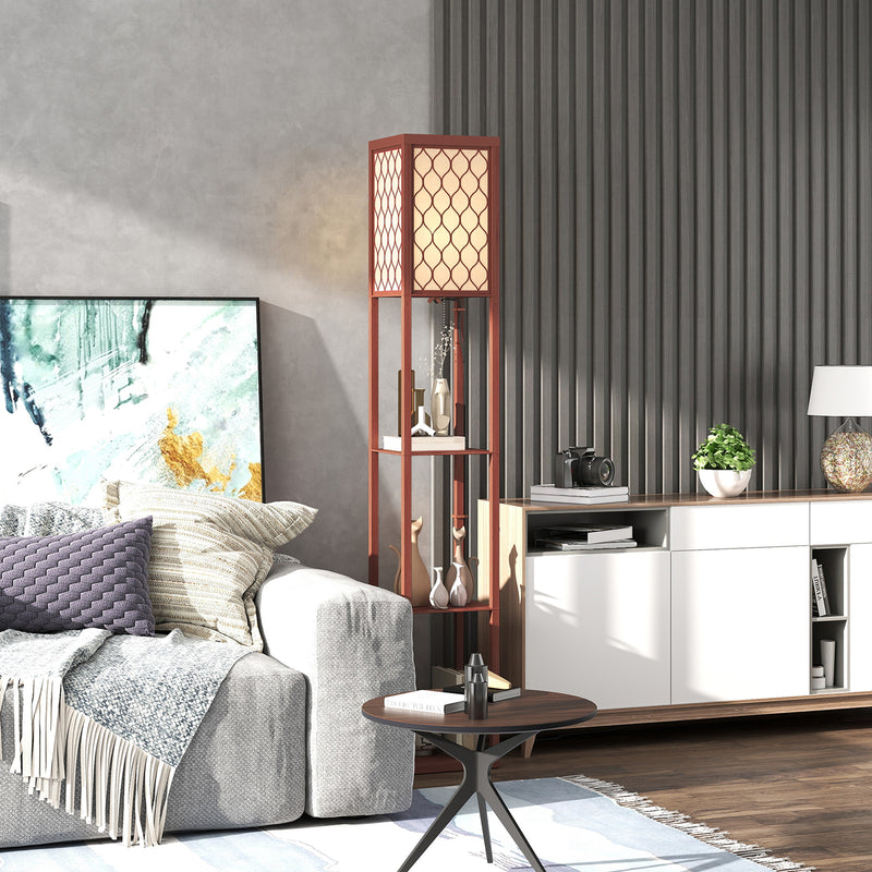 Brown Standing Floor Lamp With Three Shelves and White Fabric Shade for Living Room