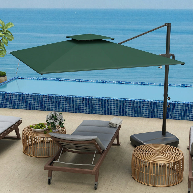 Square Cantilever Parasol with Base For Patio or Garden - UV30+ Adjustable Shade,  Dark Green