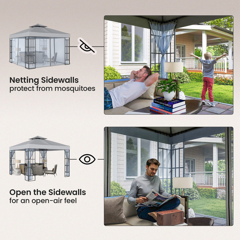 3x3m Garden Gazebo with Mesh Netting for Shaded Outdoor Entertaining, Light Grey Outsunny
