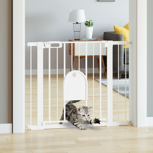 Pet Safety Gate with Cat Flap Auto Close Double Locking for Stairs and Doorways White