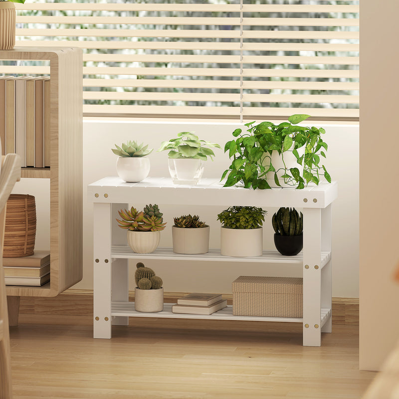 Two Shelf Bamboo Shoe Storage Bench With Seat Ideal For Hallway Or Entryway White AOSOM