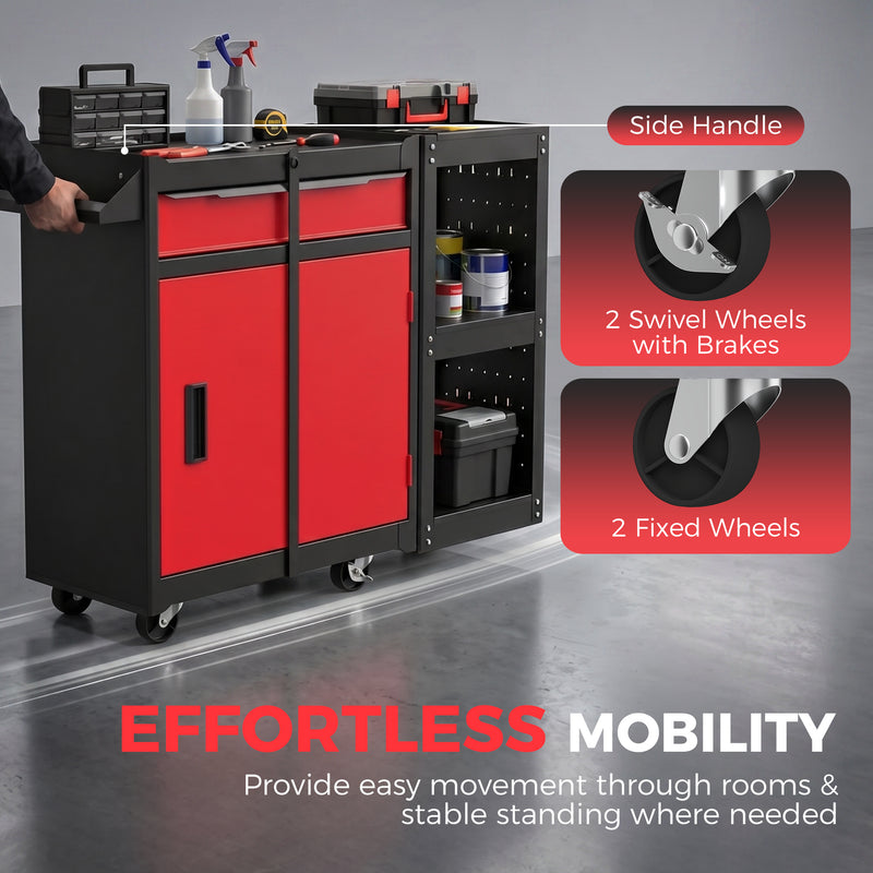 Rolling Tool Chest With Lockable Drawers and Slim Design for Small Garages Black Red