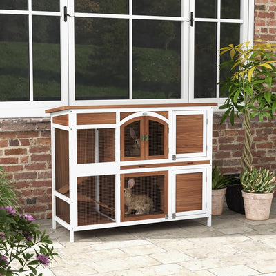 Two Tier Wooden Rabbit Hutch with Pull Out Tray and Openable Roof for Outdoor Use Grey