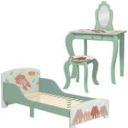 Toddler Bed and Dressing Table Set with Mirror and Stool for Kids Aged 3 to 6 Green AOSOM