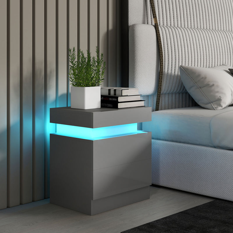 Bedside Table with Adjustable LED Lighting and Two Drawers for Organised Bedroom Storage Grey