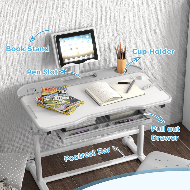 Height Adjustable Kids Desk and Chair Set with Tilted Desktop Grey by AIYAPLAY