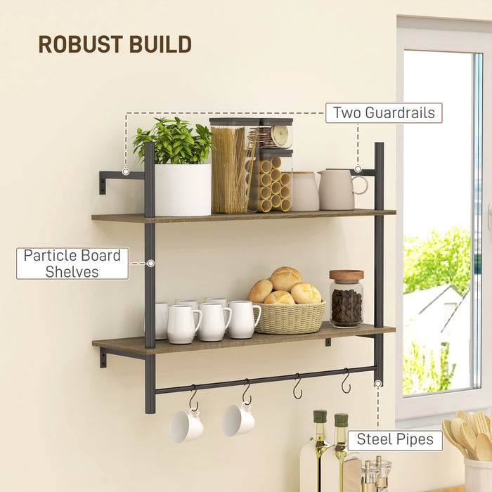 Grey Wall Mounted Floating Shelf With 4 Hooks for Living Room or Entryway by HOMCOM