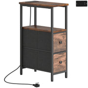 Slim Bedside Table With USB Charging Station and 2 Storage Drawers For Bedroom or Living Room, Industrial Style
