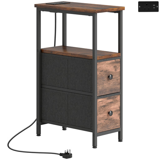 Slim Bedside Table With USB Charging Station and 2 Storage Drawers For Bedroom or Living Room, Industrial Style